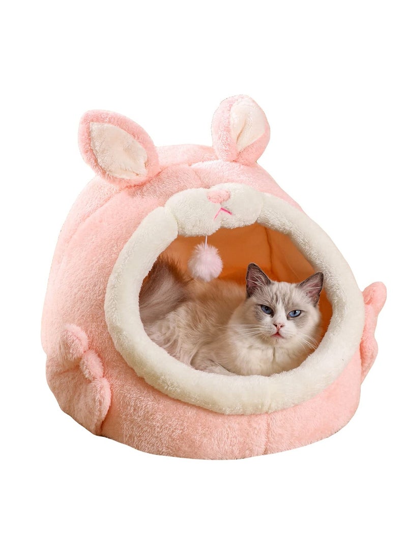 Cat Bed for Indoor Cats, Cat Tent, Plush Cabin, Rabbit Design, Kitten Bed with Pom Pom, Cute and Soft Cat Litter, Pink, Size S