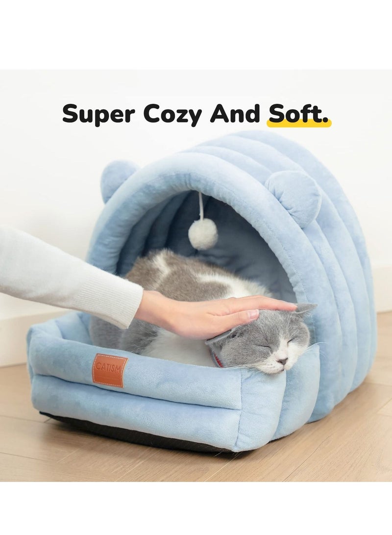 Cat Cave Bed with Hanging Toy for Indoor Cats, Kitty and Small Dogs, Soft Plush Premium Cotton Pet Bed with Anti-Slip Bottom