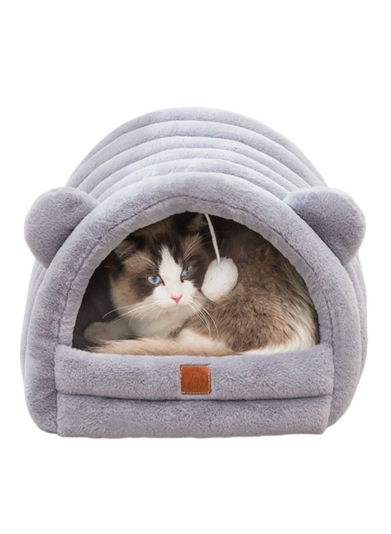 Cat Cave Bed with Hanging Toy for Indoor Cats, Kitty and Small Dogs, Soft Plush Premium Cotton Pet Bed with Anti-Slip Bottom