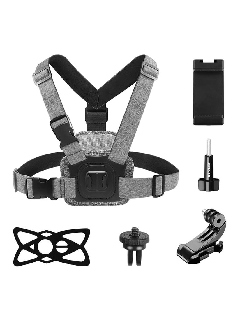 Adjustable Body Mount Belt Chest Strap with J Hook Mount & Long Screw & Phone Clamp, Capture Your Adventures (Chest Mount)