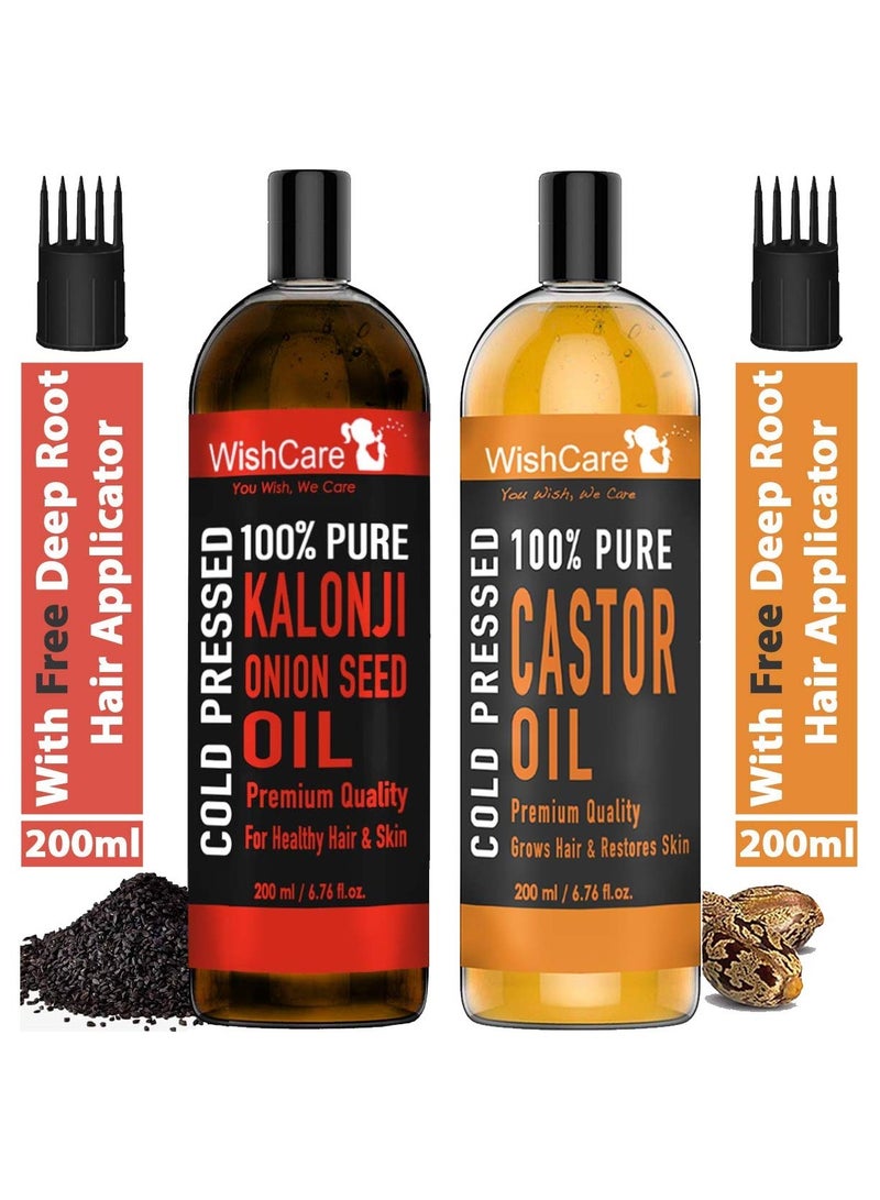 WishCare 100% Pure Cold Pressed Castor Oil Kalonji Oil 200Ml Each