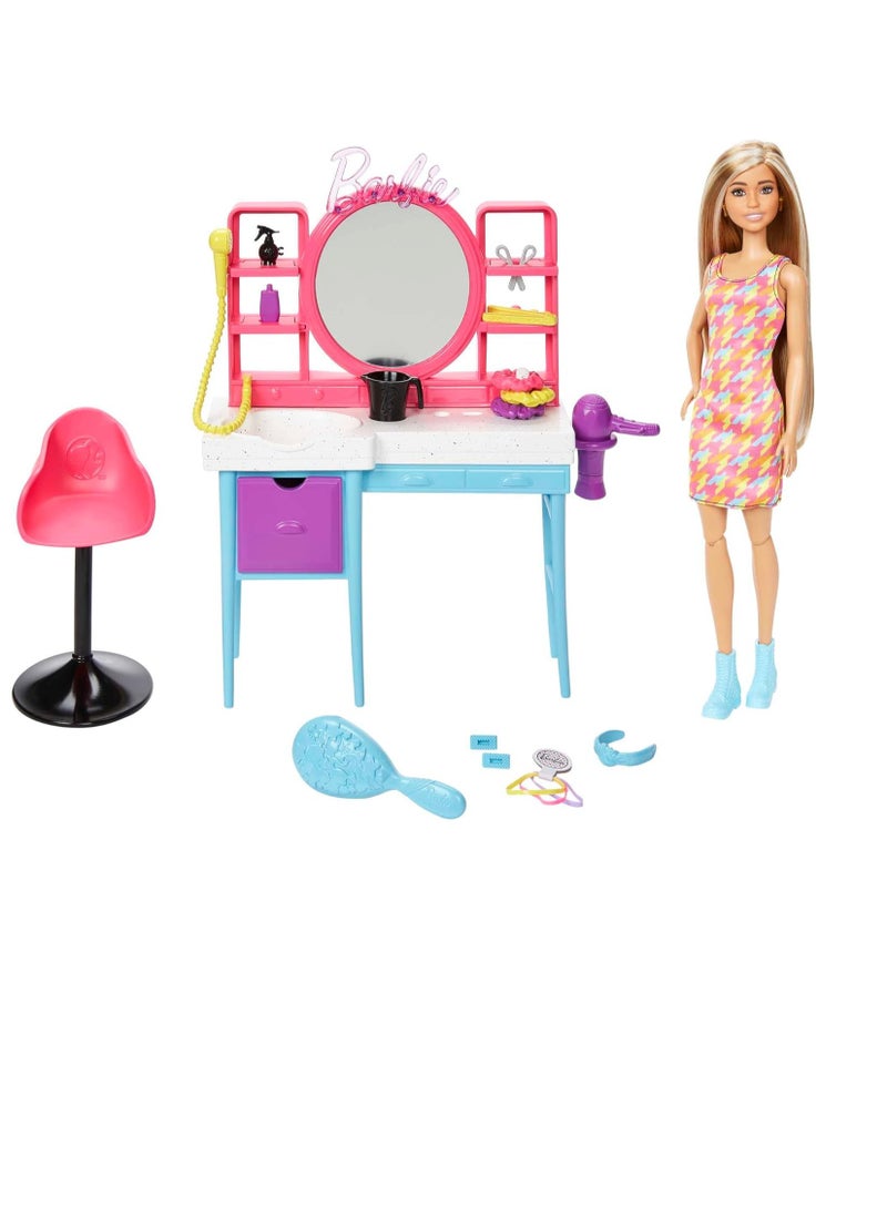 Doll and Hair Salon Playset, Long Color-Change Hair, Houndstooth-Print Dress, 15 Styling Accessories, HKV00