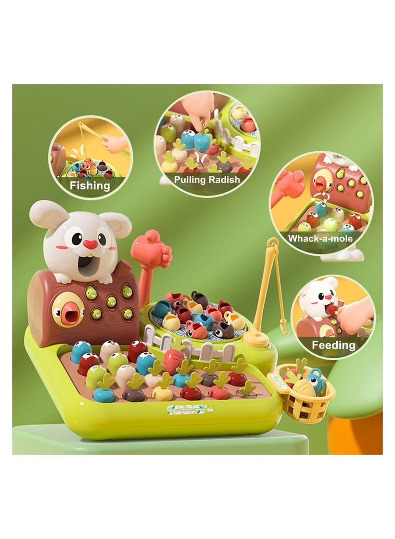 COOLBABY 4 in 1 Happy Farm Kids Educational Fishing Whack a mole Toy Baby Percussion Game Machine Pull Radish Infant