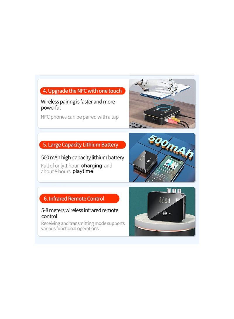 Audio Receiver Transmitter 2 in 1, Bluetooth 5.0, with Remote, Hi-Fi Adapter 3.5mm＆RCA, COAXIAL, Optical, NFC, Aptx-LL for Home and Car Stereo, AV or Amplifier