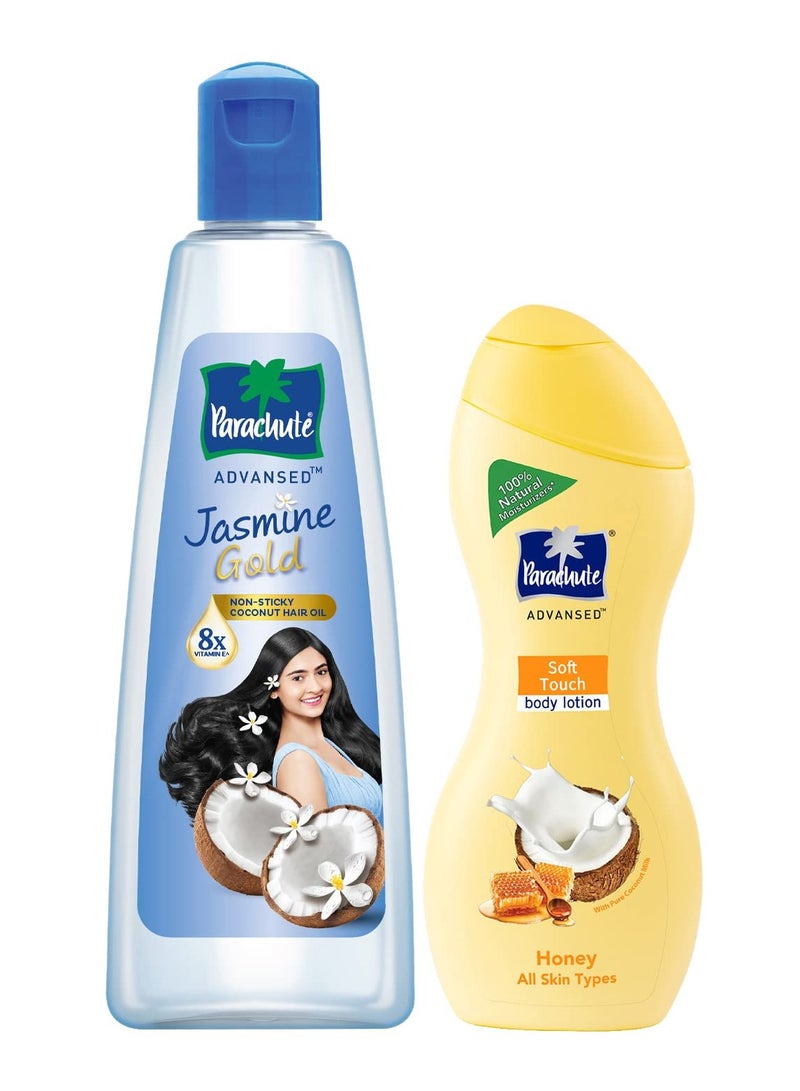 Parachute Advansed Jasmine Gold Non Sticky Coconut Hair Oil With Vitamin E For Super Shiny Hair 500ml And Soft Touch Body Lotion With Honey 100% Natural Dry Skin Moisturizer 250 ml