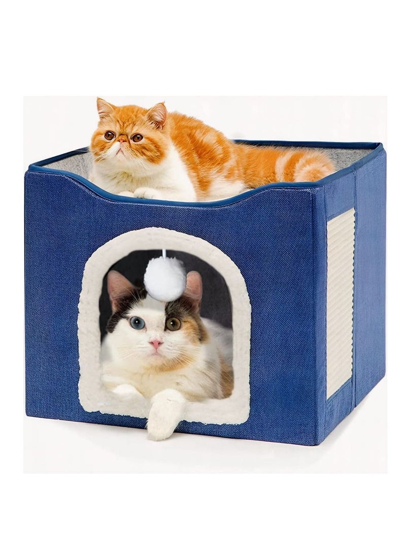 Cat Bed for Indoor Cats, Large Soft Rest Cat Save for Pet House Cat, made of Strong and Durable Material, Cat House with Scratch Pad and Fluffy Ball Hanging, Cat Hideaway Foldable
