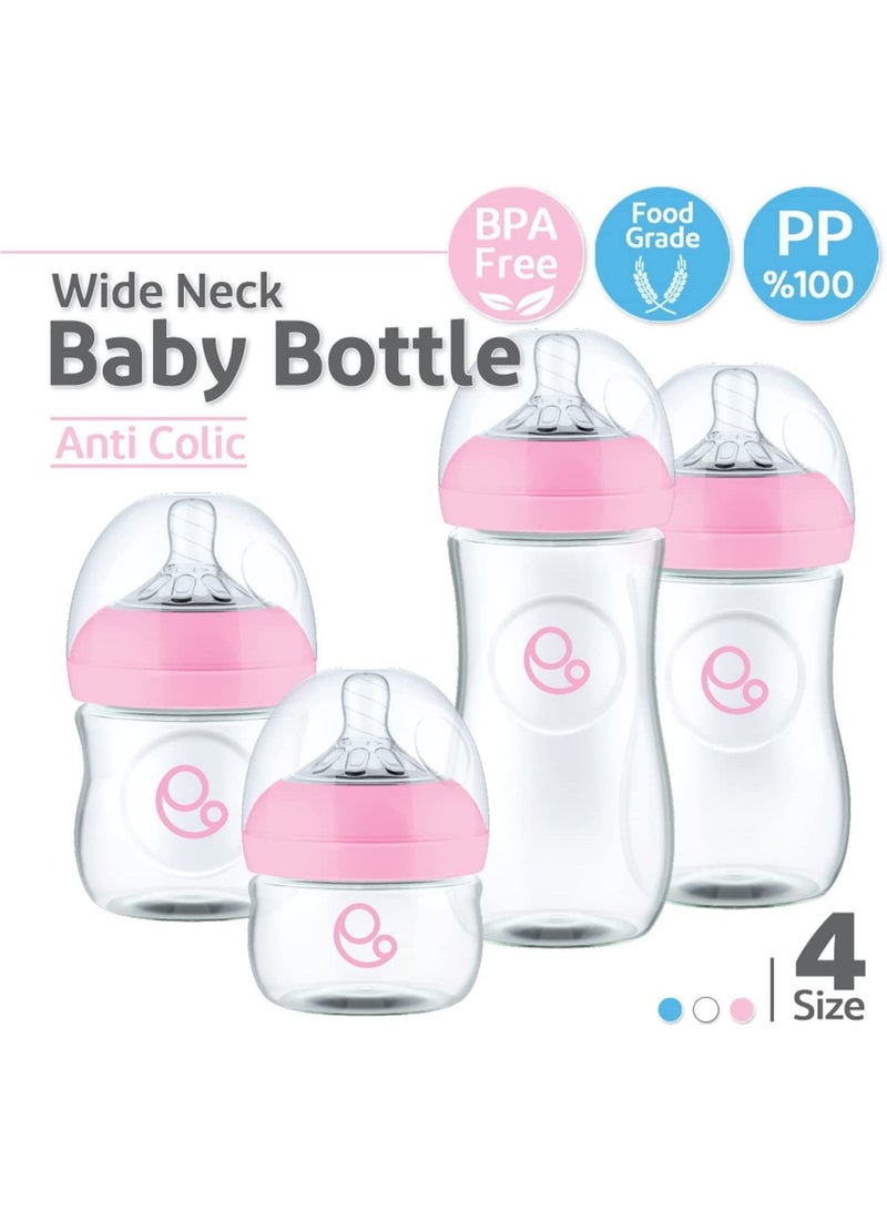 Baby Feeding Bottles for Newborn Baby, PP Anti Colic Infant Bottles, Silicone Rubber Teat, Wide Neck Breast-Like Nipple Slow Flow Breast-feeding Toddler Bottle 260ML, Pink