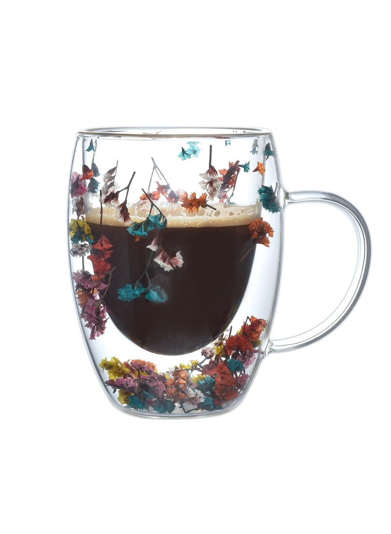 Double Walled Glass Coffee Mug with Handle, Insulated Layer Coffee Cup, Demitasse Clear Cups with Flower, Perfect for Cappuccino Tea Latte Espresso Hot Beverage (Colorful Flower 300ml)