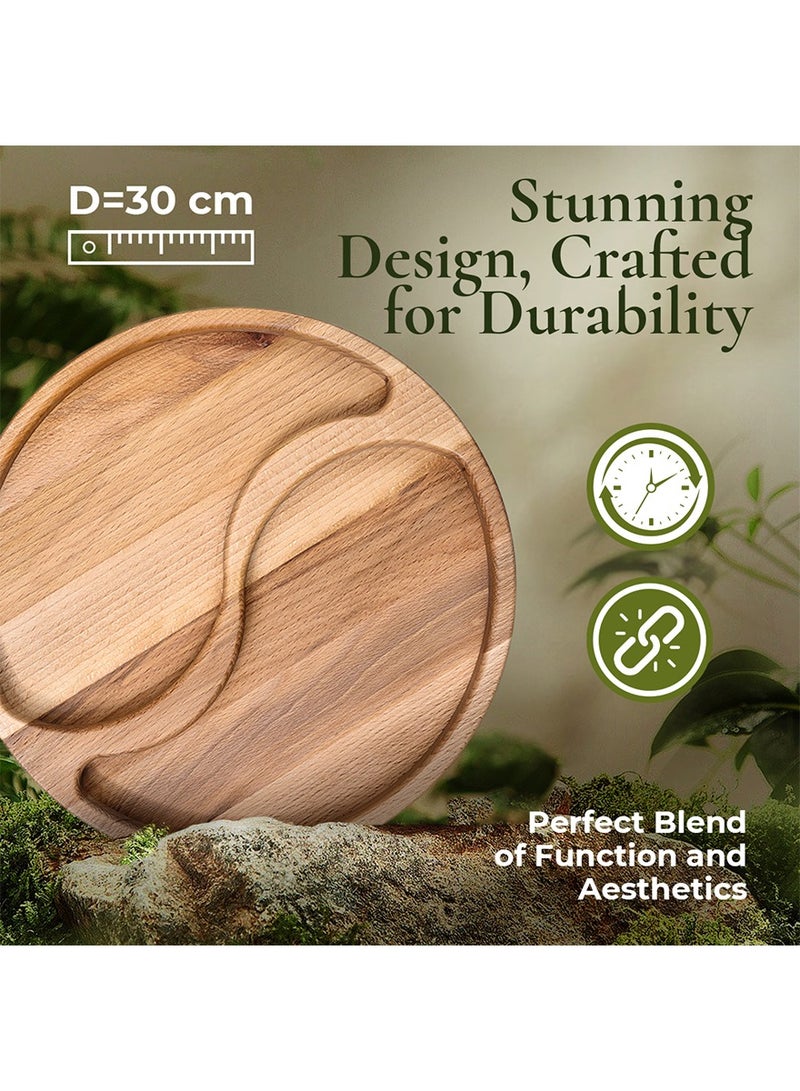 Natural Beechwood Round Serving Plate with Dual Sections - Ideal for Snacks Charcuteries Cheeses & More - Wooden Kitchen Decor - Durable Unique Handmade Aesthetic