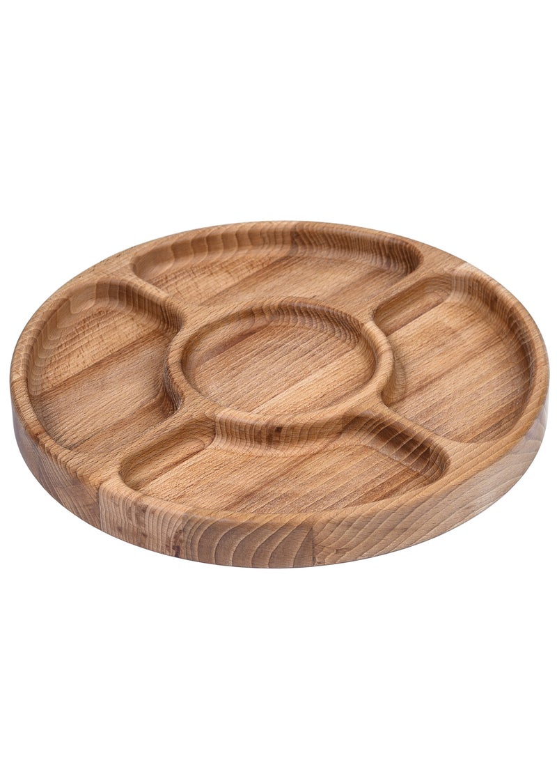 Premium Quality Beechwood - Large Wooden Serving Round Board - 5 Places for different species of Cheese Nuts Snacks and Charcuteries - Elegant Tableware for Home and Restaurants