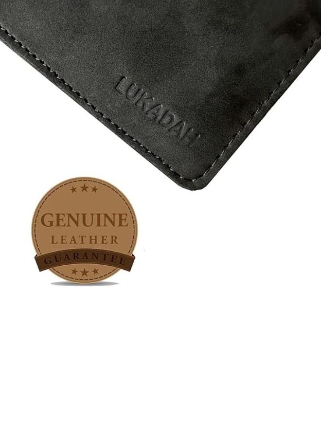 Lukadah Classic Handcrafted Bi-Fold Genuine Full Grain Animal Hide Real Pull Up Leather Wallet for Men's (Black)