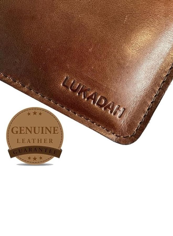 Lukadah Classic Handcrafted Bi-Fold Genuine Full Grain Animal Hide Real Crazy Horse Leather Wallet for Men's (Burgundy Tan)