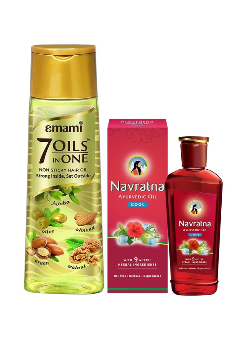 Emami 7 Oils In One Non Sticky Non Greasy Hair Oil 20 Times Stronger Hair Nourishes Scalp With Goodness of Almond Oil Coconut Oil Argan Oil Amla Oil 500ml And Navratna Ayurvedic Cool Oil 300ml