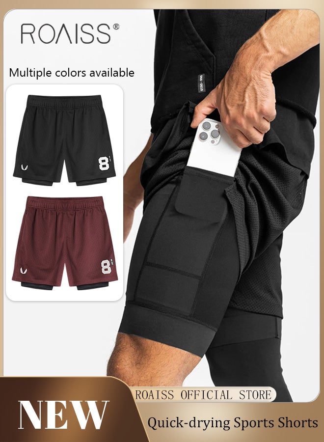 Men Functional Sports Fitness Pants Double Layer Skin Friendly Fabric Breathable Wear Resistant Quick Drying Material Training Pants Lined with Pockets
