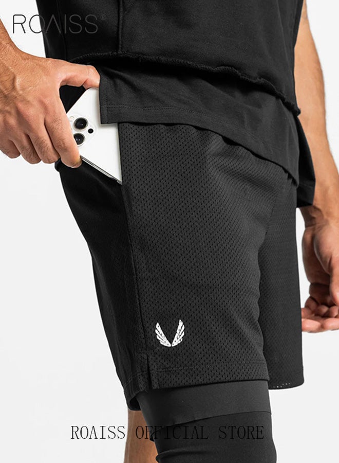 Men Functional Sports Fitness Pants Double Layer Skin Friendly Fabric Breathable Wear Resistant Quick Drying Material Training Pants Lined with Pockets