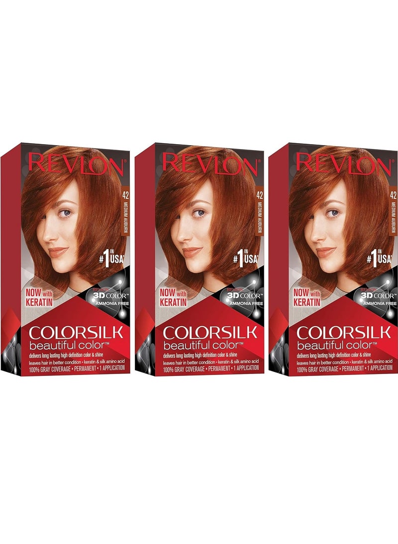 Permanent Hair Color by Revlon, Permanent Hair Dye, Colorsilk with 100% Gray Coverage, Ammonia-Free, Keratin and Amino Acids, 42 Medium Auburn, 4.4 Oz (Pack of 3)