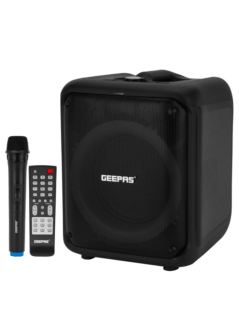 Geepas Portable & Rechargeable Party Speaker With EQ Setting, FM Radio, LED Light, LINE/USB/TF Card/AUX, TWS Connection, Bluetooth, Wireless Microphone, Remote Control, Woofer, Tweeter & Power Adapter