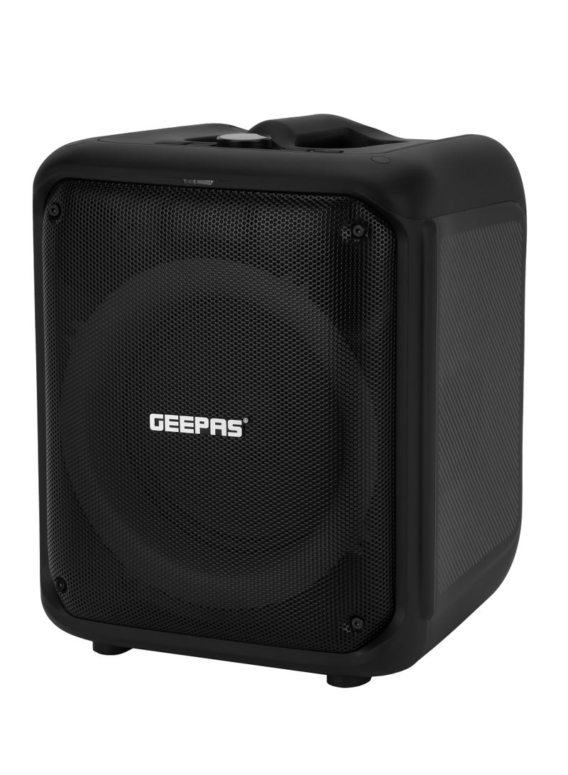 Geepas Portable & Rechargeable Party Speaker With EQ Setting, FM Radio, LED Light, LINE/USB/TF Card/AUX, TWS Connection, Bluetooth, Wireless Microphone, Remote Control, Woofer, Tweeter & Power Adapter