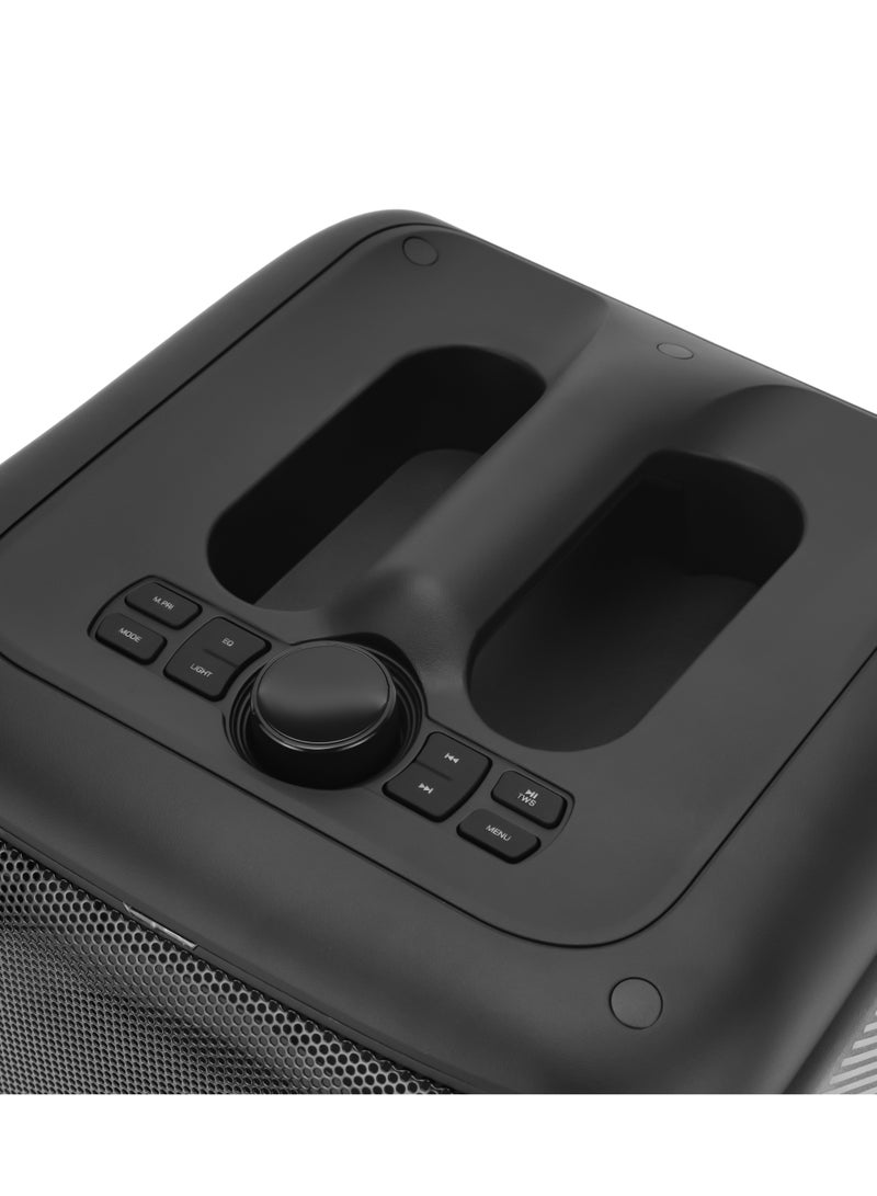 Geepas Portable & Rechargeable Party Speaker With EQ Setting, FM Radio, LED Light, LINE/USB/TF Card/AUX, TWS Connection, Bluetooth, Wireless Microphone, Remote Control, Woofer, Tweeter & Power Adapter