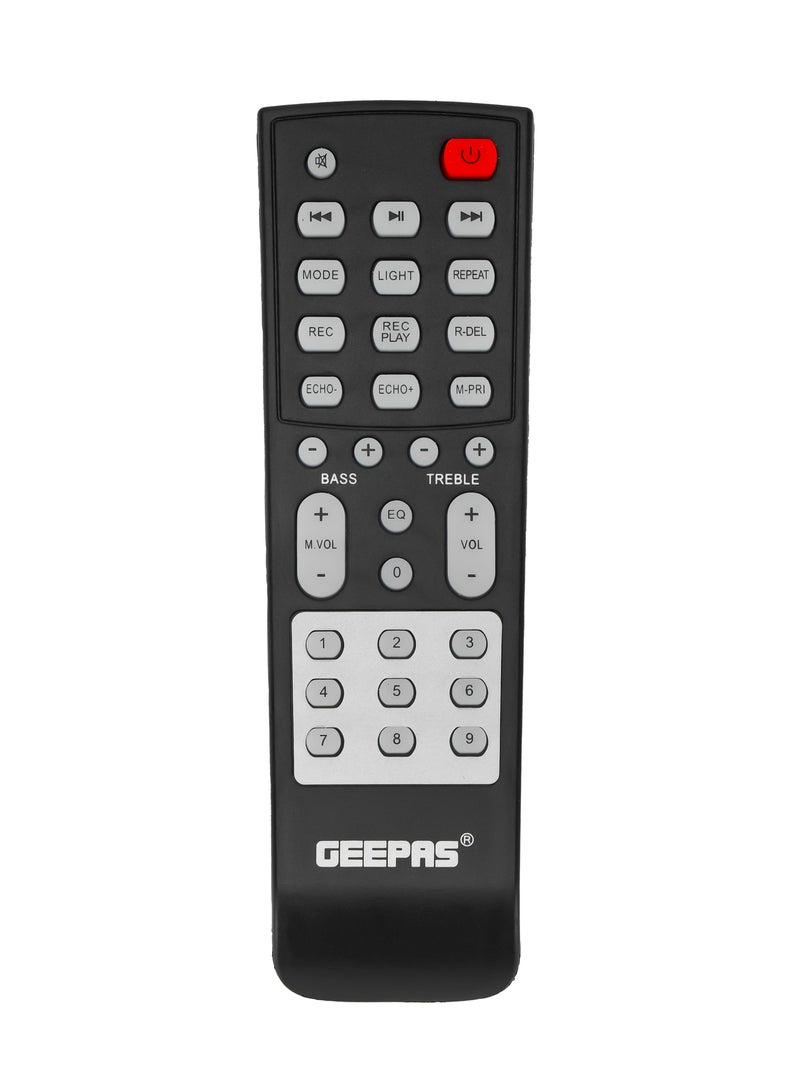 Geepas Portable & Rechargeable Party Speaker With EQ Setting, FM Radio, LED Light, LINE/USB/TF Card/AUX, TWS Connection, Bluetooth, Wireless Microphone, Remote Control, Woofer, Tweeter & Power Adapter