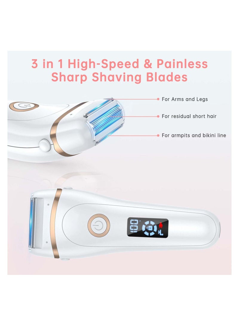 Women Electric Shaver, 3 in 1 Wet & Dry Painless Hair Removal IPX6 Waterproof Lady Electric Razor, Cordless Facial Body Epilator for Bikini Legs Arm Forearms Underarm w/ 2 Changeable Trimmer Heads