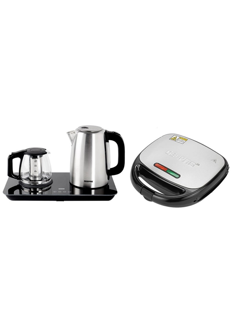 6-in-1 Non- Stick Multi Snacks Maker with 2 In 1 Digital Tea Maker Set - Snacks Maker With Sandwich/Panini, Grill, Waffle, Donut, Nutty, Biscuit Detachable Plates & Tea maker - Stainless Steel Filter 2200 W Combo-GTM38045+GST5364 Black & silver