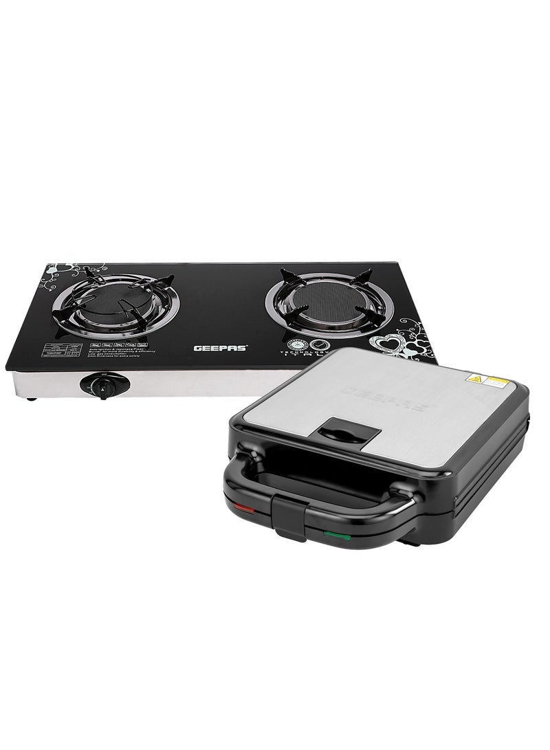 Multi-Snacks Maker 2-in-1 & Glass Gas Stove with Infrared Burner Set - Snacks Maker With Non-Stick Cooking Plate, Auto Temperature Control & Gas Stove With 2 Infrared Burners, Stainless Steel Frame 1400 W Combo-GSM5444+GK6865 Black