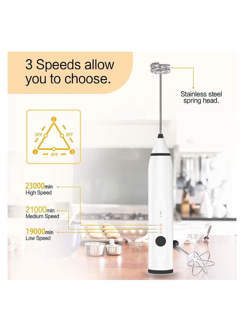 Milk Frother Handheld Blender Frother with 2 Heads, Coffee Whisk Froth Blender with USB Rechargeable 3-Speed, Electric Mini Portable Blender Kitchen Mixing Tools Manual Frother for Cappuccino, Egg Whi