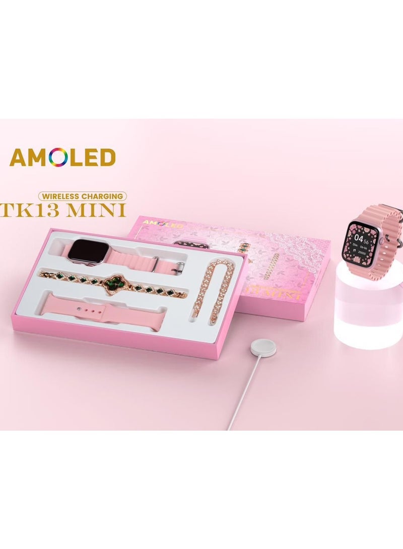 Fend TK 13 Mini 40 MM AMOLED Display Smart Watch With 2 Pair Straps and Stylish Analog Watch With Diamond Bracelet For Ladies Pink