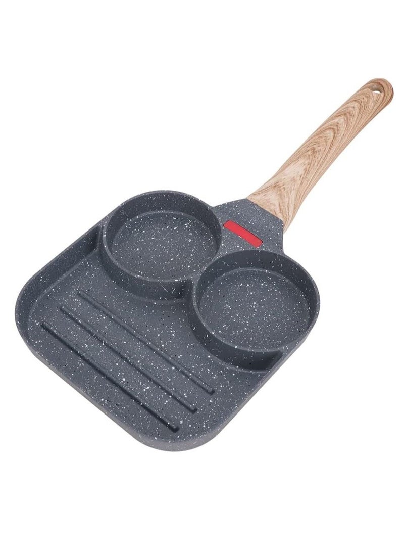 Nonstick Egg Fry Pan - Breakfast 3-Section Square Baking Pan Divided Skillet for Gas and Induction Cooktops, 7.3 Inch (Grey)