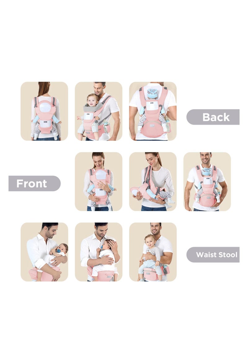 COOLBABY Baby Carrier with Hip Seat Multifunctional 9-in-1 Baby Carrier for All Seasons Baby Toddler Backpack Carrier for Toddlers Infants Newborn 7-40 lbs Pink