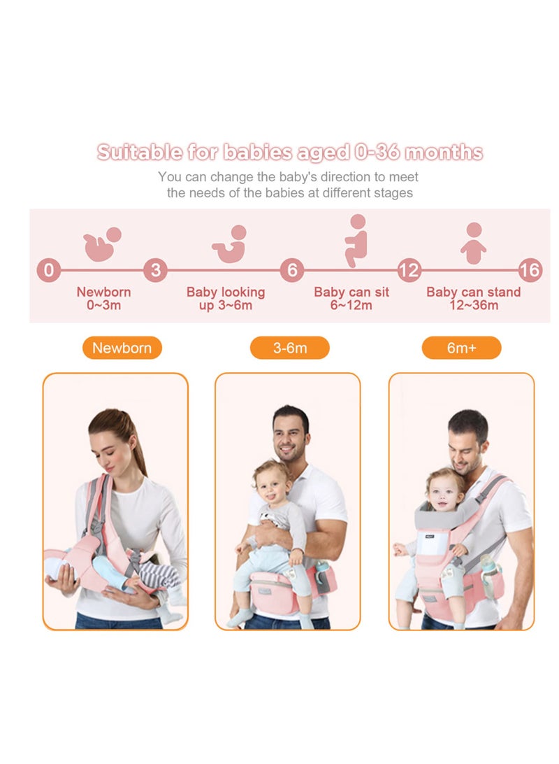 COOLBABY Baby Carrier with Hip Seat Multifunctional 9-in-1 Baby Carrier for All Seasons Baby Toddler Backpack Carrier for Toddlers Infants Newborn 7-40 lbs Pink