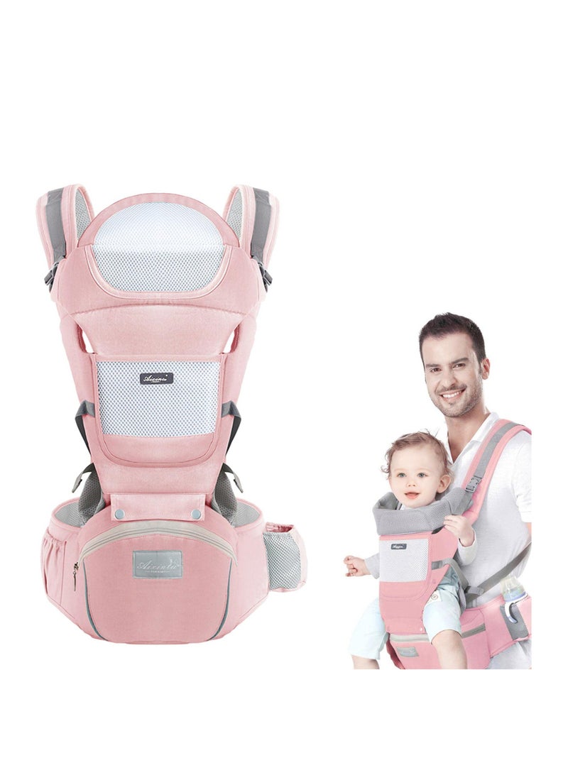 COOLBABY Baby Carrier with Hip Seat Multifunctional 9-in-1 Baby Carrier for All Seasons Baby Toddler Backpack Carrier for Toddlers Infants Newborn 7-40 lbs Pink