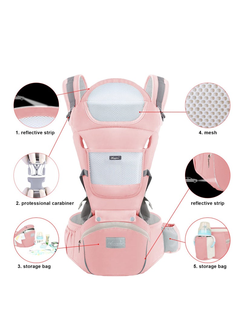 COOLBABY Baby Carrier with Hip Seat Multifunctional 9-in-1 Baby Carrier for All Seasons Baby Toddler Backpack Carrier for Toddlers Infants Newborn 7-40 lbs Pink