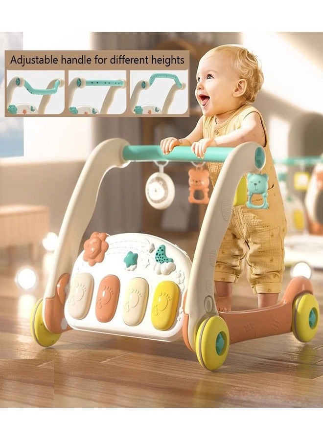 2-In-1 Sit-to-Stand Foldable Baby Walker & Musical Pedal Piano Playmat with Detachable Rattle Pendants