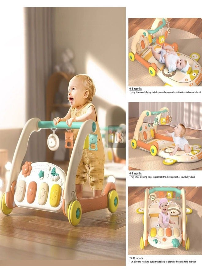 2-In-1 Sit-to-Stand Foldable Baby Walker & Musical Pedal Piano Playmat with Detachable Rattle Pendants