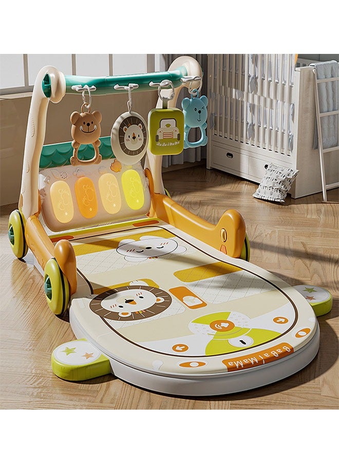 2-In-1 Sit-to-Stand Foldable Baby Walker & Musical Pedal Piano Playmat with Detachable Rattle Pendants