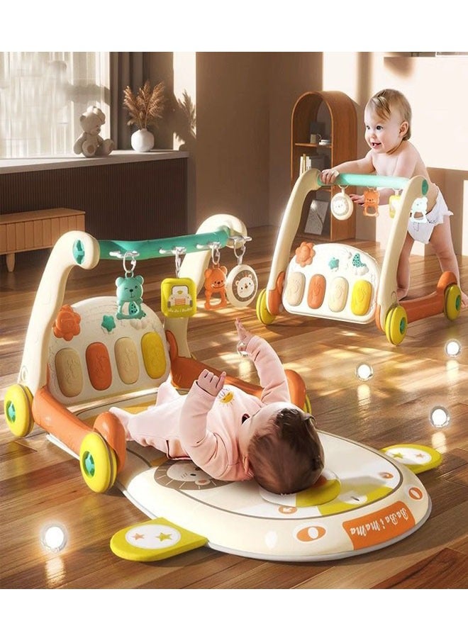 2-In-1 Sit-to-Stand Foldable Baby Walker & Musical Pedal Piano Playmat with Detachable Rattle Pendants