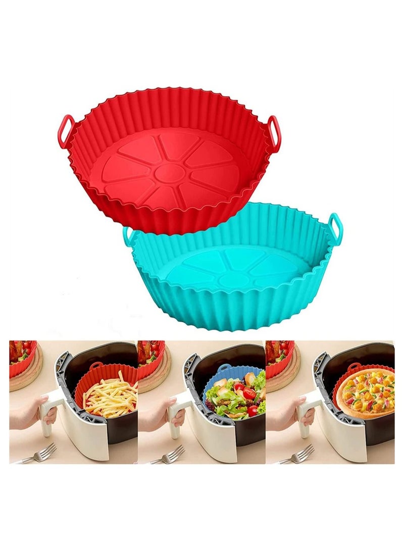 2 Pack Air Fryer Silicone Liners, Basket Bowl for 3 to 5 QT, Replacement of Flammable Parchment Paper, Reusable Baking Tray Oven Accessories, Red+Blue, (Top 8in, Bottom 6.75in)