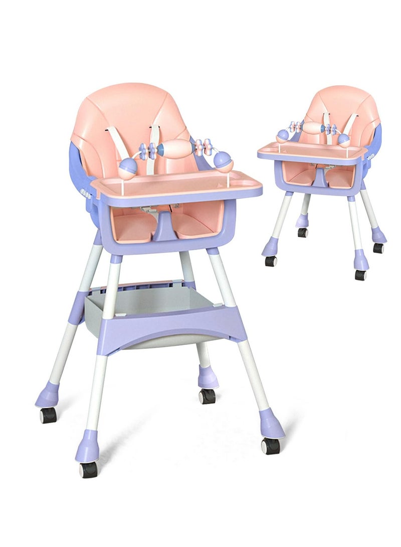 2-in-1 Baby High Low Chair Baby Feeding Chair, Infant Dining Chair Toddler Booster Seat with Tray Wheels Safety Belt Basket Cushion for 6 Months to 4 Years (Pink)