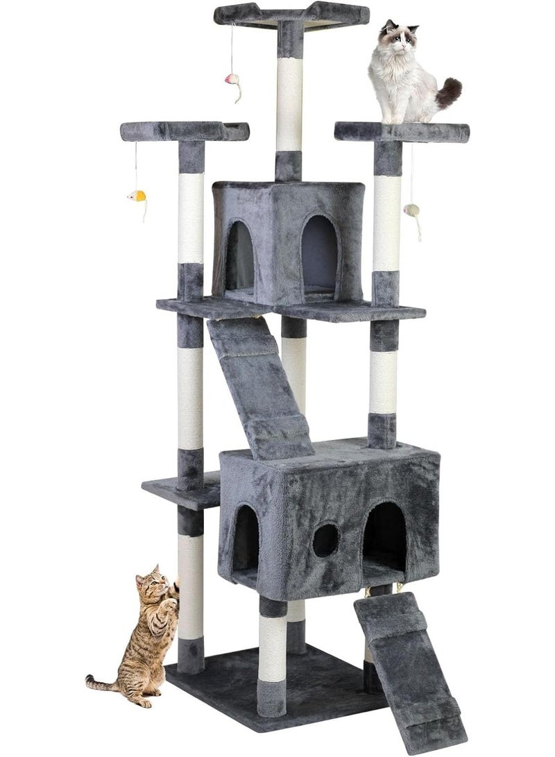 SKY-TOUCH Cat Tree Tower，Cat Condo with Sisal Scratching Post,Activity Centre Cat Climbing Tree with Cat House，Sisal Posts, Ladder, and Rest Place for Indoor Cat（185×55×50cm）
