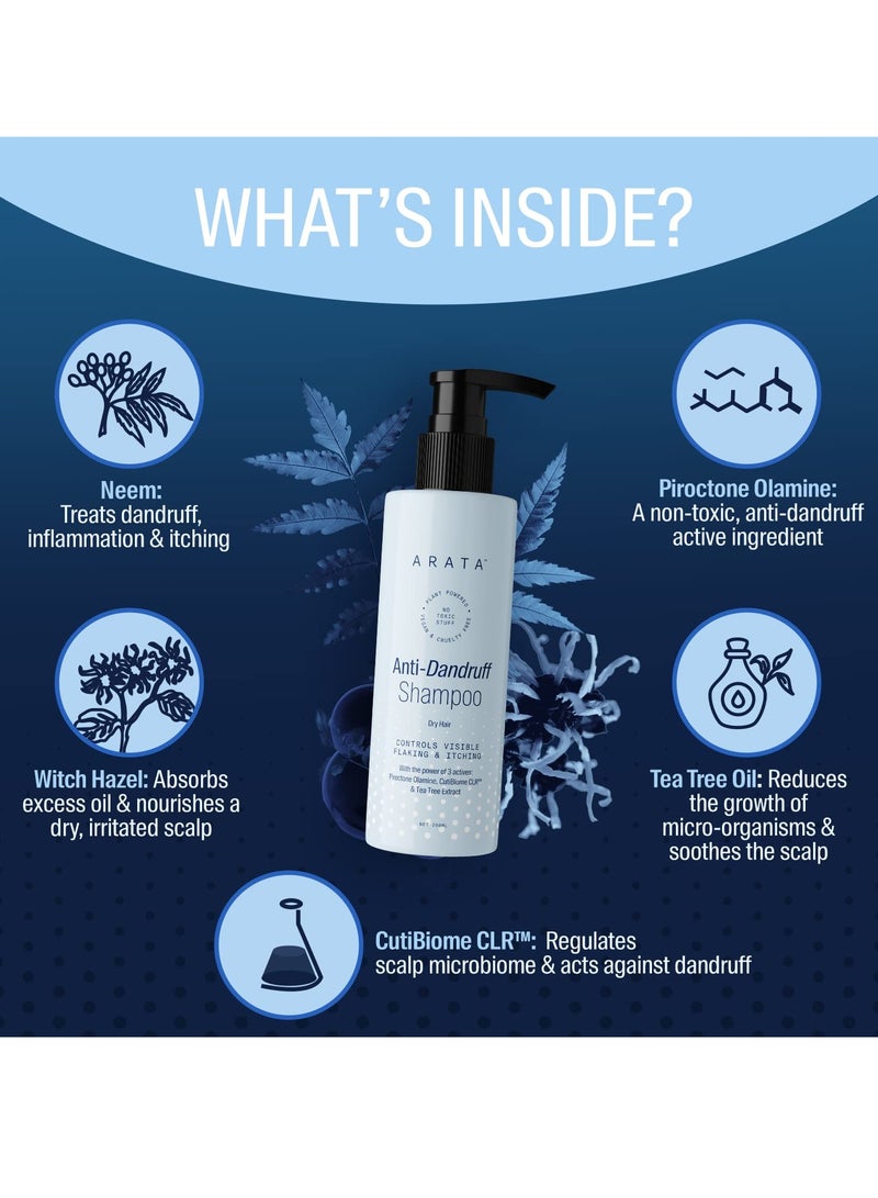Arata Anti Dandruff Shampoo 200 ML For Dry Hair With Tea Tree Oil CutiBiome CLR Neem Treats Dandruff Effectively Gently Cleanses Removes Flakiness