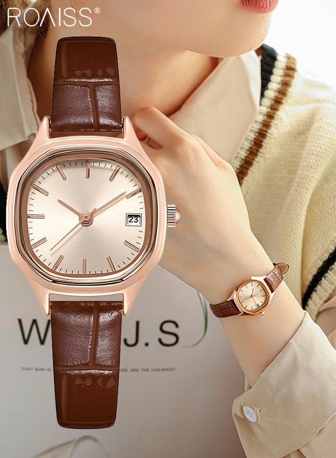 Women's Leather Strap Quartz Watch Analog Display Square Gold Dial with Gold Bezel Waterproof Elegant Wristwatch as Gift for Ladies