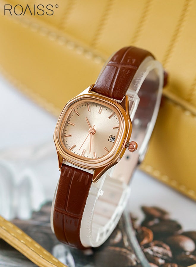 Women's Leather Strap Quartz Watch Analog Display Square Gold Dial with Gold Bezel Waterproof Elegant Wristwatch as Gift for Ladies