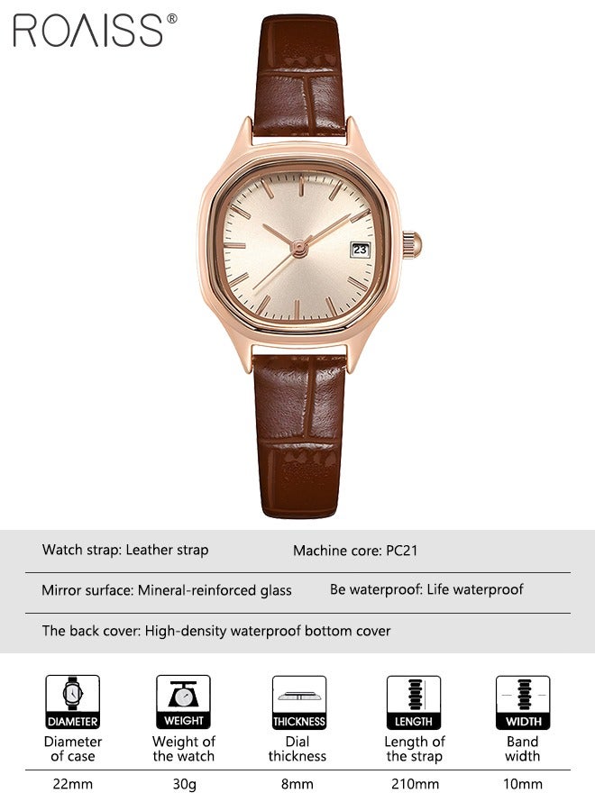 Women's Leather Strap Quartz Watch Analog Display Square Gold Dial with Gold Bezel Waterproof Elegant Wristwatch as Gift for Ladies