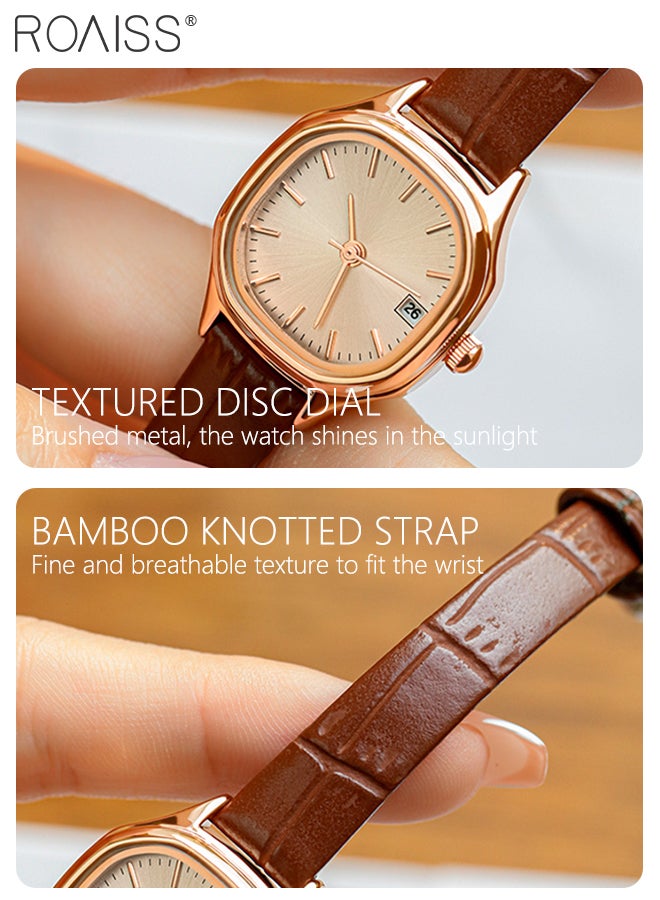 Women's Leather Strap Quartz Watch Analog Display Square Gold Dial with Gold Bezel Waterproof Elegant Wristwatch as Gift for Ladies