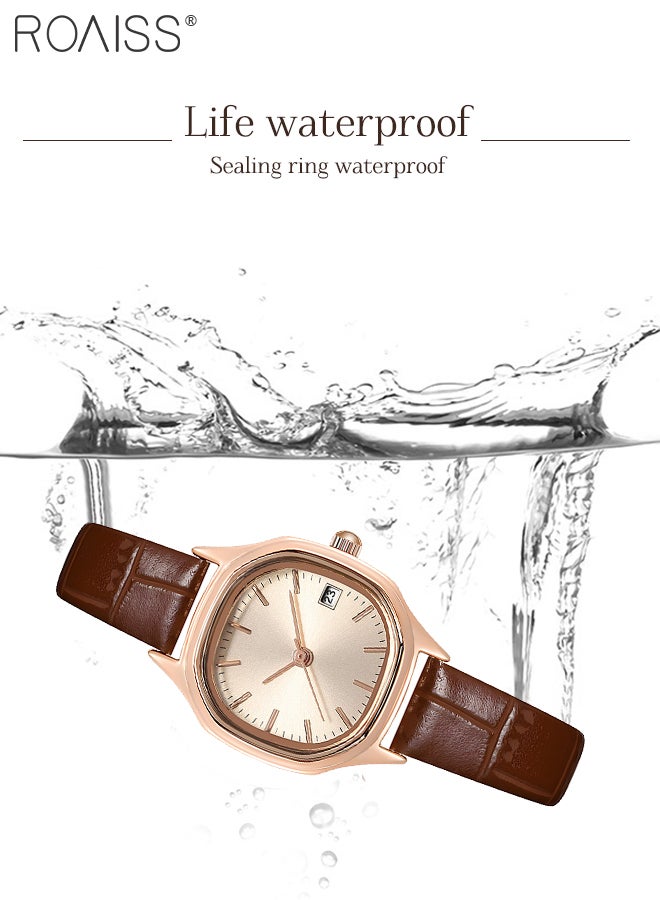 Women's Leather Strap Quartz Watch Analog Display Square Gold Dial with Gold Bezel Waterproof Elegant Wristwatch as Gift for Ladies