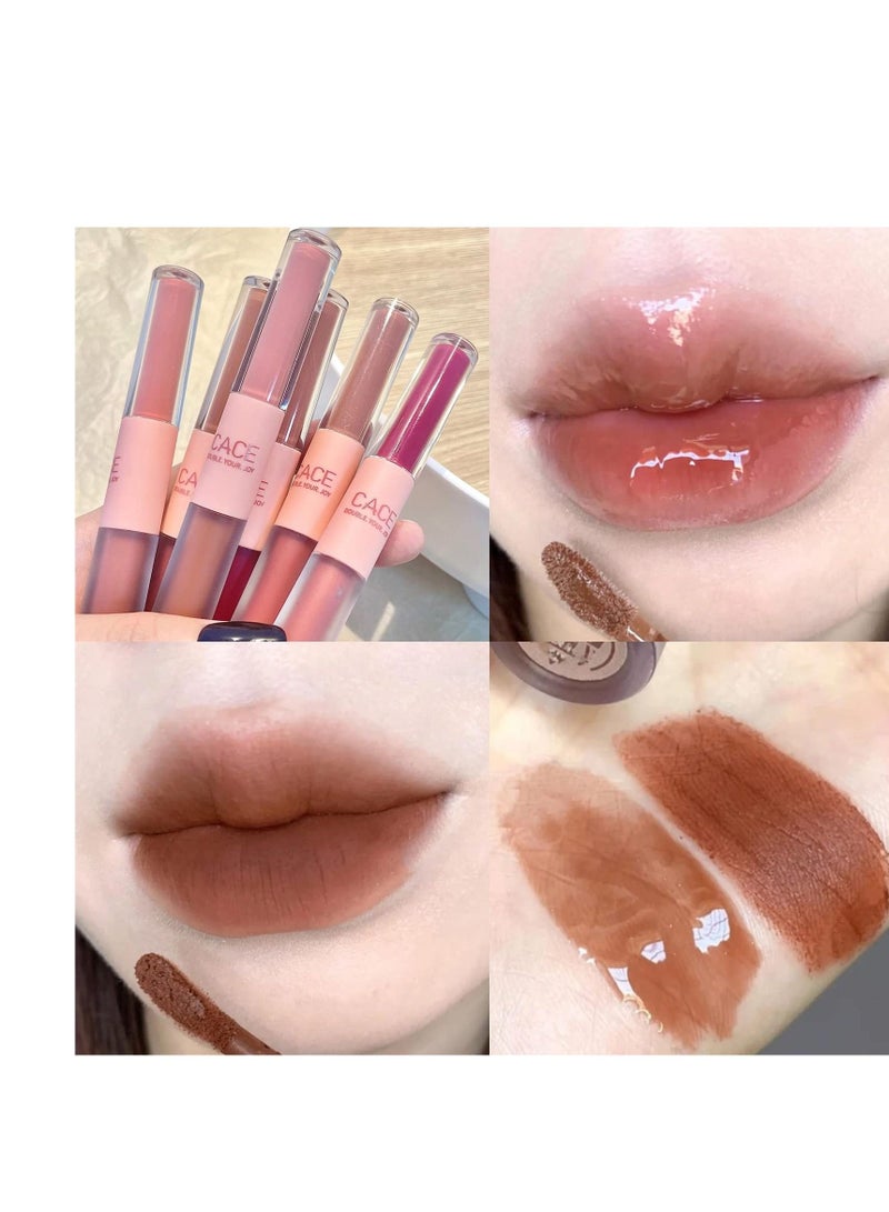 6 Pcs Double-End Lip Gloss Set, Liquid Lipstick Hydrating Fuller Lip, Waterproof Long Lasting Lip Glaze, Suitable for Date, Shopping, or Partying