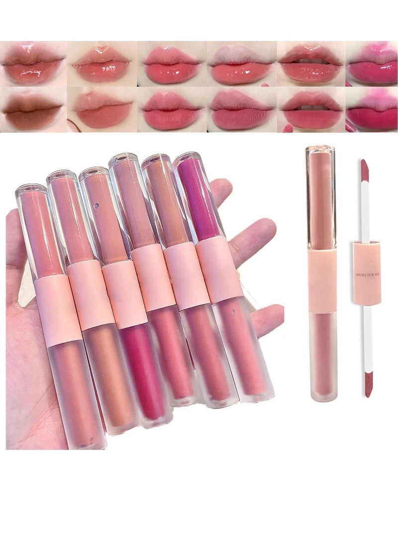 6 Pcs Double-End Lip Gloss Set, Liquid Lipstick Hydrating Fuller Lip, Waterproof Long Lasting Lip Glaze, Suitable for Date, Shopping, or Partying