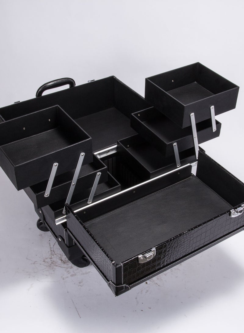 Portable Mobile Rolling Makeup Hair Salon Stylist Train Case Key Black